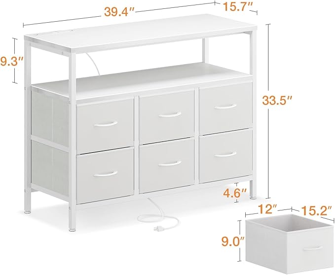 AODK TV Stand with Power Outlet, 40" Long TV Stand with 6 Large Fabric Drawers, Entertainment Center with Open Shelves for 55 Inch TV, Living Room, White Leather - LeafyLoom