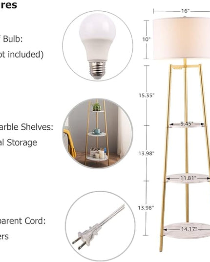 Floor Lamp, Standing Reading Light with Faux Marble Shelves and Fabric Shade, Modern Tall Pole, Accent Furniture Décor Lighting for Living Room, Bedrooms - LeafyLoom