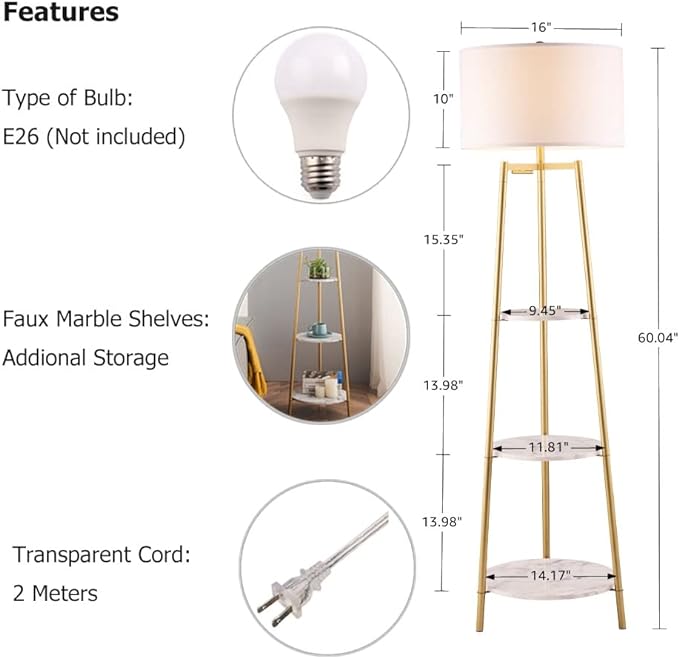 Floor Lamp, Standing Reading Light with Faux Marble Shelves and Fabric Shade, Modern Tall Pole, Accent Furniture Décor Lighting for Living Room, Bedrooms - LeafyLoom