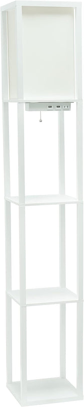 Simple Designs LF1037-WHT Floor Lamp Etagere Organizer Storage Shelf with 2 USB Charging Ports, 1 Charging Outlet and Linen Shade, White - LeafyLoom