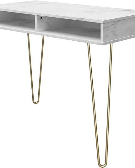 Novogratz Athena Computer Desk with Storage, White Marble - LeafyLoom
