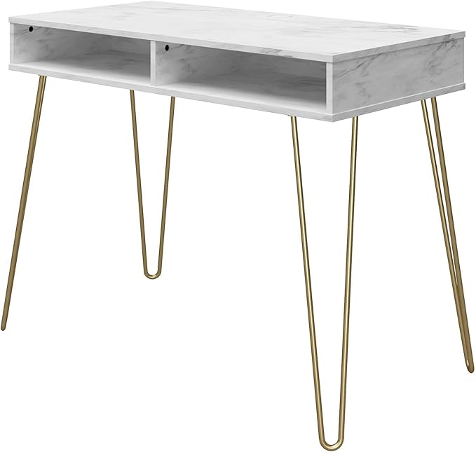 Novogratz Athena Computer Desk with Storage, White Marble - LeafyLoom