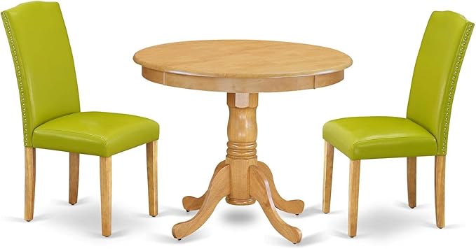 East West Furniture Antique 3 Piece Modern Dining Set Contains a Round Kitchen Table with Pedestal and 2 Autumn Green Faux Leather Upholstered Chairs, 36x36 Inch, ANEN3-OAK-51 - LeafyLoom
