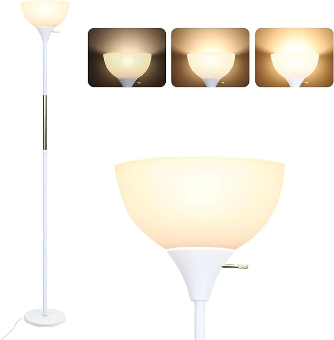 Floor Lamp, LED Standing Lamp 3 Way Dimmable Brightness Floor Lamp Rotary Switch Floor Lamps Modern Industrial Lamp with Shade, Tall Lamps for Living Room Bedroom Office Dining Room (White) - LeafyLoom