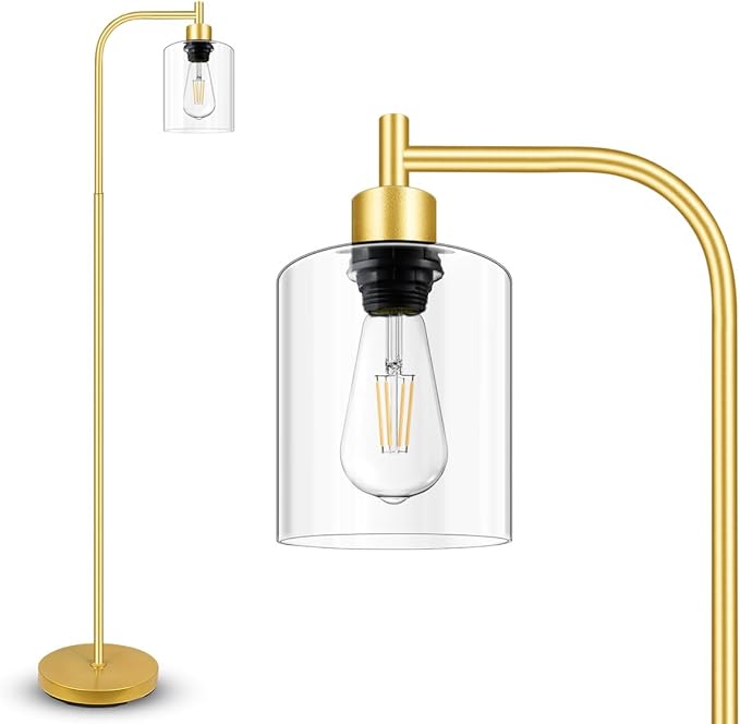 Gold Floor Lamp, Standing Lamp with Glass Lampshade, 6W LED Bulb Included, Modern Floor Lamp with Foot Switch, Industrial Floor Lamp, Bright LED Floor Lamp for Living Room and Bedroom, Office - LeafyLoom
