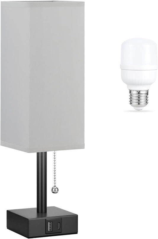 Gray Small Bedroom Lamp - 3 Color Temperature 3000K 5000K 4000K Bedside Lamp, Pull Chain Control, USB A and C Charging Ports, Black Base, for Kids Office Dorm, Bulb Included - LeafyLoom