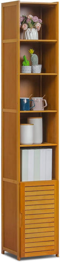 MoNiBloom Tall 7 Tier Bookcase with Door, Bamboo Freestanding Display Storage Cabinet Shelves Collection Decor Furniture for Home Living Room Bedroom, Brown - LeafyLoom