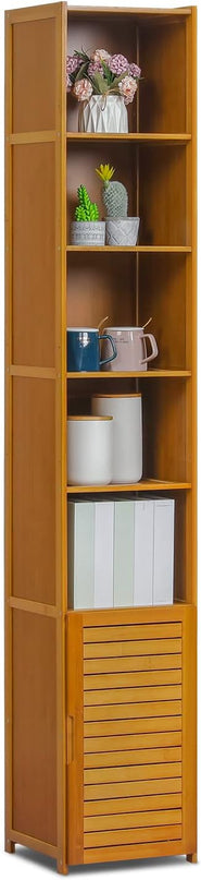 MoNiBloom Tall 7 Tier Bookcase with Door, Bamboo Freestanding Display Storage Cabinet Shelves Collection Decor Furniture for Home Living Room Bedroom, Brown - LeafyLoom