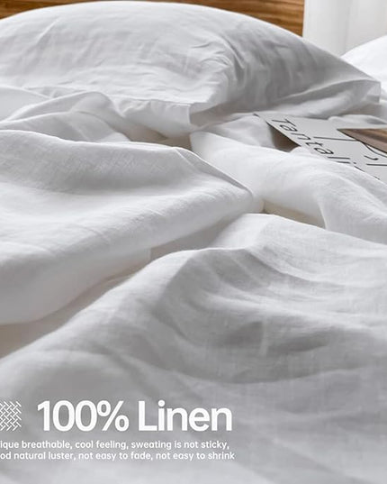 Simple&Opulence 100% Linen Sheet Set Solid Color-4 Pcs Washed French Linen Bed Sheets(1 Flat Sheet,1 Fitted Sheet,2 Pillowcases)-Breathable Bedding Set (White, Queen) - LeafyLoom