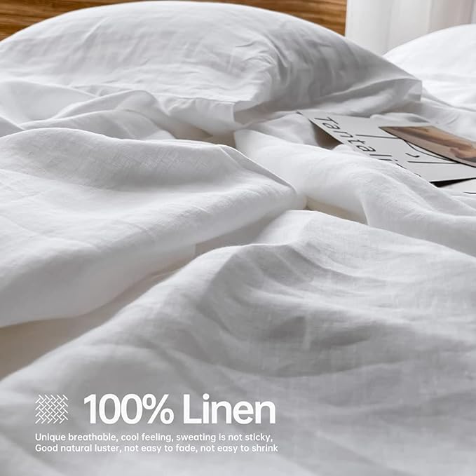 Simple&Opulence 100% Linen Sheet Set Solid Color-4 Pcs Washed French Linen Bed Sheets(1 Flat Sheet,1 Fitted Sheet,2 Pillowcases)-Breathable Bedding Set (White, Queen) - LeafyLoom