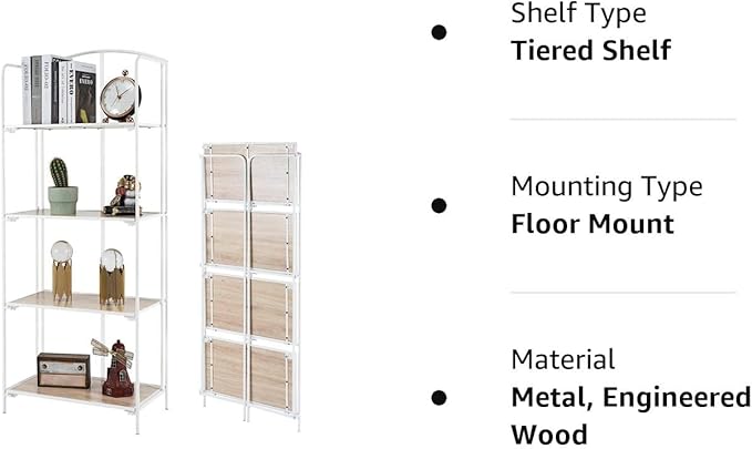 No Assembly Folding Bookshelf, 4 Tier White Bookshelf, Metal Book Shelf for Storage, Folding Bookcase for Office Organization and Storage, 12.6" D x 22.44" W x 55.51" H - LeafyLoom