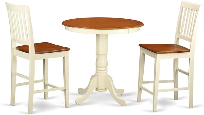 East West Furniture JAVN3-WHI-W 3 Piece Counter Height Dining Set for Small Spaces Contains a Round Dining Room Table with Pedestal and 2 Wooden Seat Chairs, 36x36 Inch, Buttermilk & Cherry - LeafyLoom
