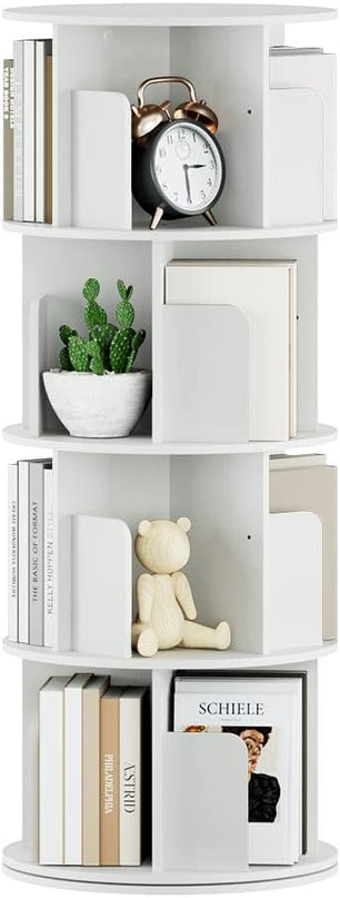 OTK Rotating Bookshelf, 360° Display Standing Book Shelf Organizer, 4 Tier Wooden Corner Bookshelves for Small Space, Small Bookcase Storage Rack for Kids' Room, StudyRoom, Bedroom, White - LeafyLoom