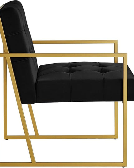 24KF Modern Black Velvet Button Tufted Accent Chair with Golden Metal Stand, Decorative Furniture Chairs for Living Room Bedroom - Black - LeafyLoom