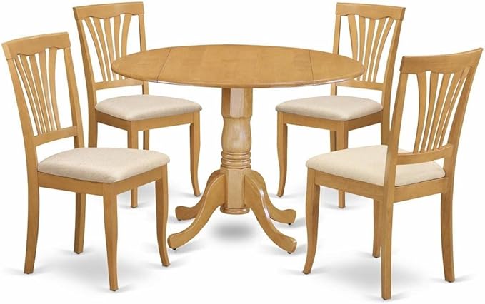 East West Furniture DLAV5-OAK-C 5 Piece Kitchen Table & Chairs Set Includes a Round Dining Table with Dropleaf and 4 Linen Fabric Dining Room Chairs, 42x42 Inch, Oak - LeafyLoom