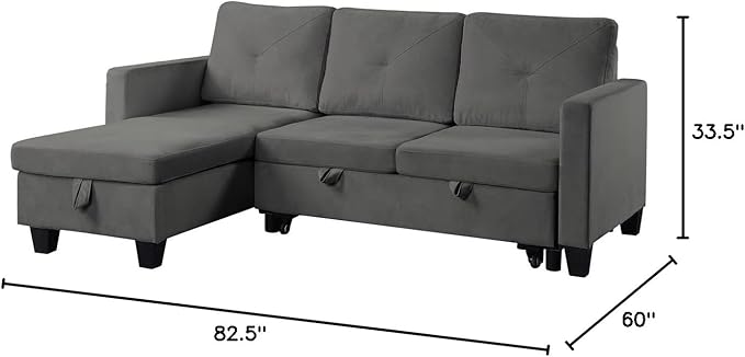Reversible Velvet Sectional Couch with Storage Chaise, L-Shaped 3 Seater Corner Sleeper Pull Out Sofa Bed for Living Room Apartment Small Space, Dark Gray, 82.5 - LeafyLoom