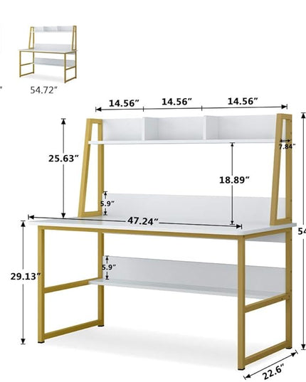 Tribesigns Computer Desk with Hutch, 47 inches Home Office Desk with Space Saving Design with Bookshelf for Small Spaces (White &gold, 47) - LeafyLoom