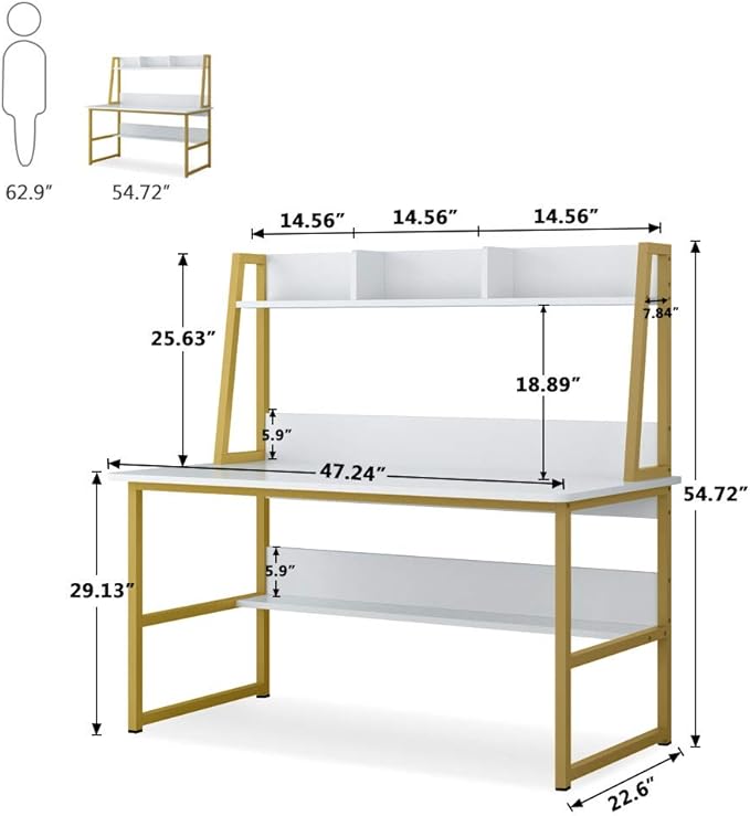 Tribesigns Computer Desk with Hutch, 47 inches Home Office Desk with Space Saving Design with Bookshelf for Small Spaces (White &gold, 47) - LeafyLoom