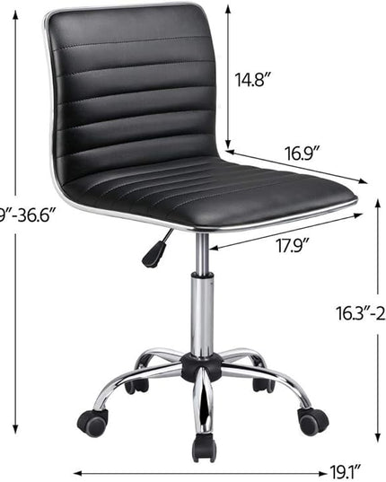 Yaheetech Adjustable Task Chair PU Leather Low Back Ribbed Armless Swivel Black Desk Chair Office Chair Wheels, Black - LeafyLoom