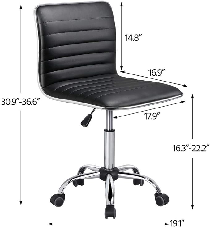 Yaheetech Adjustable Task Chair PU Leather Low Back Ribbed Armless Swivel Black Desk Chair Office Chair Wheels, Black - LeafyLoom
