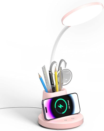 LED Desk Lamp with Wireless Charger for Home Office, Small with Pen Holder, 800LM,3 Color Modes,Gooseneck, Eye-Caring White Desk Lamps for Home College Dorm Room,Pink - LeafyLoom