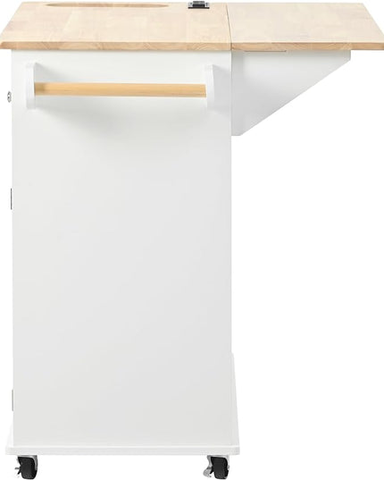 40Inch Kitchen Storage Island Table with Drop Leaf, Power Outlet, Kitchen-Car on 5 Wheels w/Open Cabinets, Drawer and Entire-Side Spice Rack for Dining Room, Home, Kitchen - LeafyLoom