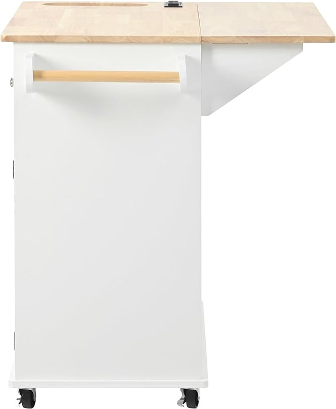 40Inch Kitchen Storage Island Table with Drop Leaf, Power Outlet, Kitchen-Car on 5 Wheels w/Open Cabinets, Drawer and Entire-Side Spice Rack for Dining Room, Home, Kitchen - LeafyLoom