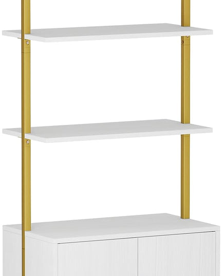 Yusong 73" Tall Bookshelf with Cabinet, Industrial Ladder Wall Mount Shelf Bookcase with Wood and Metal Frame, Plant Shelf Wall Storage Display for Living Room Bedroom, White Gold - LeafyLoom
