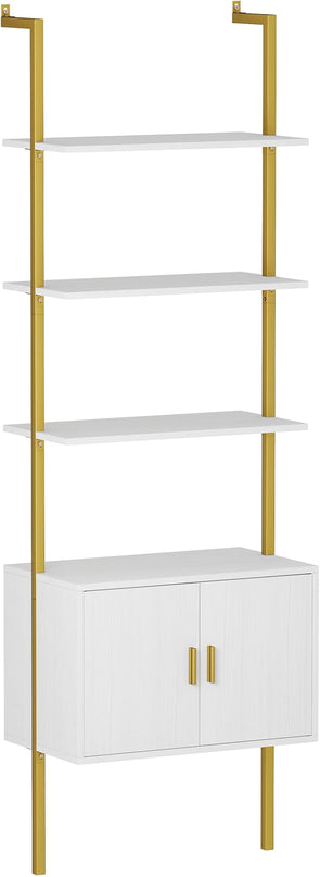 Yusong 73" Tall Bookshelf with Cabinet, Industrial Ladder Wall Mount Shelf Bookcase with Wood and Metal Frame, Plant Shelf Wall Storage Display for Living Room Bedroom, White Gold - LeafyLoom