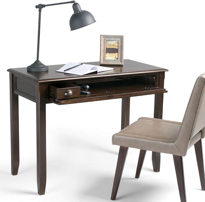 SIMPLIHOME Burlington SOLID WOOD 42 inch Wide Home Office Desk, Writing Table, Workstation, Study Table Furniture in Mahogany Brown with 1 Drawer - LeafyLoom