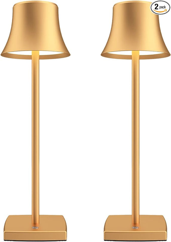 2 Pack LED Cordless Table Lamps Rechargeable,5000mAh Battery Operated Table Light,3 Color Stepless Dimming,Portable Small Desk Lamp in Aluminum for Party Patio Restaurant Indoor/Outdoor(Gold) - LeafyLoom