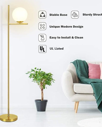 DINGLILIGHTING DLLT LED Frosted Glass Globe Floor Lamp-9W Standing Lamps for Modern, Mid Century Contemporary Rooms, Energy Saving Tall Pole Accent Lighting for Living Room, Bedroom, Office, Gold - LeafyLoom