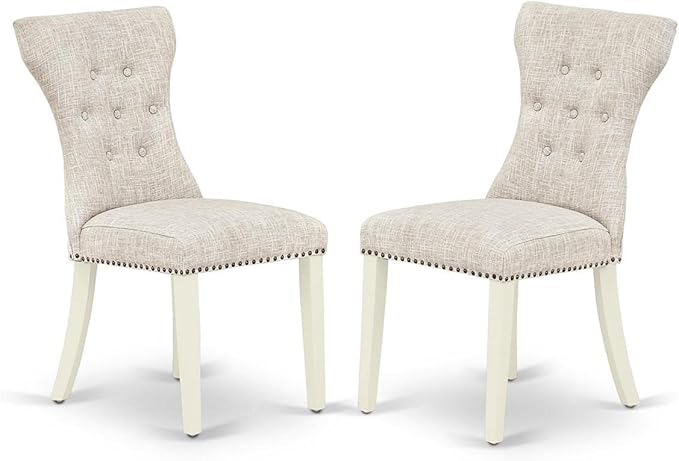 East West Furniture ANGA3-LWH-35 3 Piece Room Furniture Set Contains a Round Dining Table with Pedestal and 2 Doeskin Fabric Upholstered Chairs, Linen White - LeafyLoom