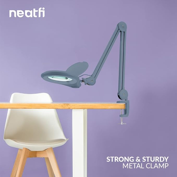 (New Model) Neatfi Bifocals 1,200 Lumens Super LED Magnifying Lamp with Clamp, 5D + 20D, Dimmable, 60 Pcs SMD LED, 5 Inches Diameter Lens (5 Diopter + 20 Diopter, Gray) - LeafyLoom