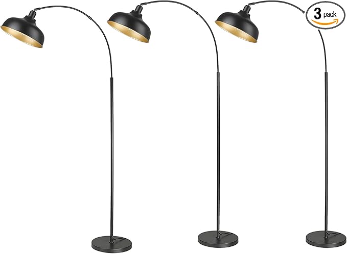 Arc Floor Lamps for Living Room, Modern Farmhouse Tall Standing Lamp, Floor Lamp with 360° Adjustable Hanging Dome Shade, Dimmable Tall Lamp with 9W LED Bulb (Black, 3 PACK) - LeafyLoom