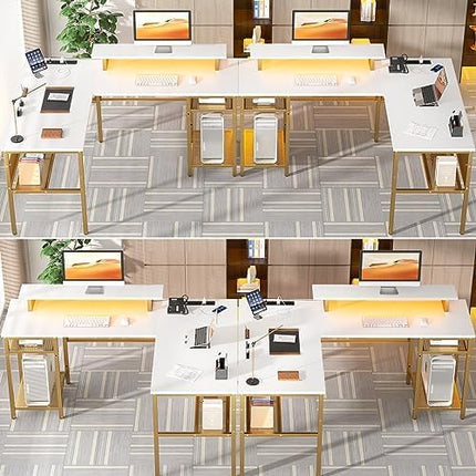 Unikito Reversible L Shaped Desk with Power Outlets and Smart LED Light, 55 Inch Computer Office Desk, Unique Grid Design, Corner Writing Gaming Table with Monitor Stand and Storage Shelf, White - LeafyLoom