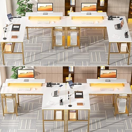 Unikito Reversible L Shaped Desk with Power Outlets and Smart LED Light, 55 Inch Computer Office Desk, Unique Grid Design, Corner Writing Gaming Table with Monitor Stand and Storage Shelf, White - LeafyLoom