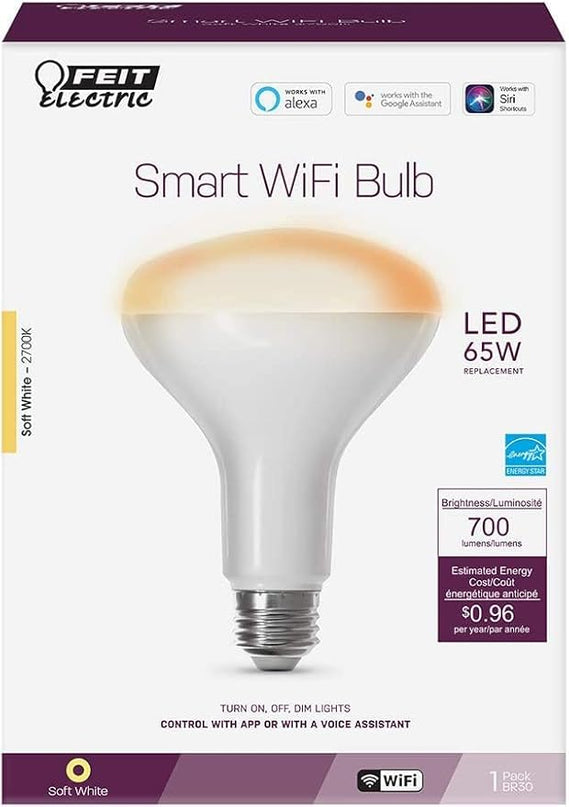 Feit Electric BR30/927CA/AG 65W Equivalent WiFi Dimmable, No Hub Required, Alexa Google Assistant BR30 Smart LED Light Bulb, 5" H x 3.72" D, 2700K Soft White FeitElectricCompany