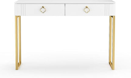 White Desk with Drawers,Modern Laptop Table with gold metal legs,43 inch Makeup Vanity Small Desk with Storage, Stylish & Functional Computer Desk Work Stations for Home Office - LeafyLoom