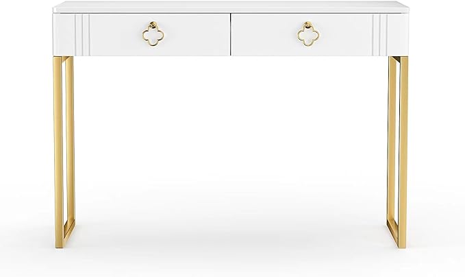 White Desk with Drawers,Modern Laptop Table with gold metal legs,43 inch Makeup Vanity Small Desk with Storage, Stylish & Functional Computer Desk Work Stations for Home Office - LeafyLoom