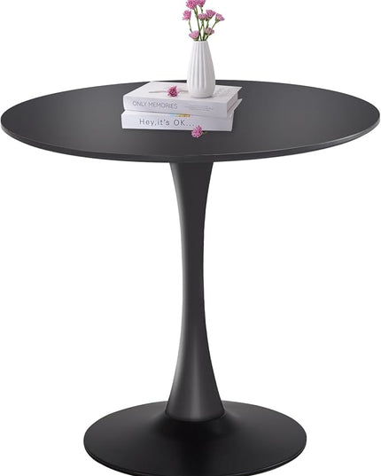 Black Round Dining Table, 31.5" Tulip Table Round Kitchen Dining Table, with 0.7" MDF Table Top and Metal Pedestal Base, Mid-Century Table Leisure for Cafe, Home, Dining Room, Kitchen - LeafyLoom