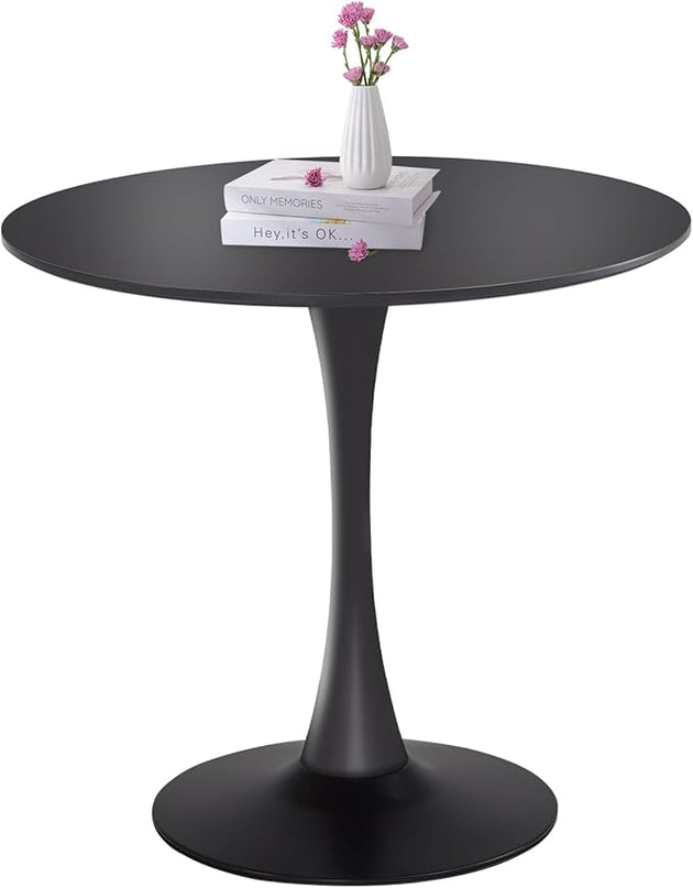 Black Round Dining Table, 31.5" Tulip Table Round Kitchen Dining Table, with 0.7" MDF Table Top and Metal Pedestal Base, Mid-Century Table Leisure for Cafe, Home, Dining Room, Kitchen - LeafyLoom