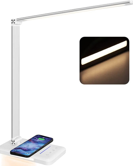 LED Desk Lamp with Night Light, Fast Wireless Charger, USB Charging Port, 10 Brightness, 5 Color Modes, Dimmable Bedside Table Lamp for Bedroom, Touch Control, Auto Timer, 1200Lux Super Bright - LeafyLoom