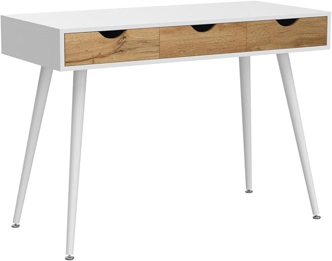 SogesHome 43.3 Computer Desk, Home Office Work Table with 3-Drawers, Gaming Working Writing Table, White&Teak - LeafyLoom