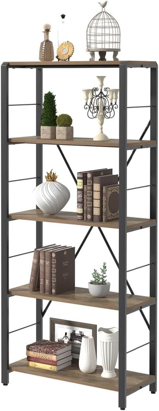 FOLUBAN 5 Tier Tall Bookshelf, Industrial Vintage Book Shelf, Rustic Wood and Metal Bookcase for Home Office Bedroom, Oak - LeafyLoom