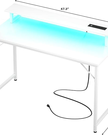 Computer Desk with USB Power Outlets and LED Lights, 47 inch Gaming desk with Monitor Stand for Small Space Home Office, Modern Simple Study Writing Table PC Desks, White - LeafyLoom