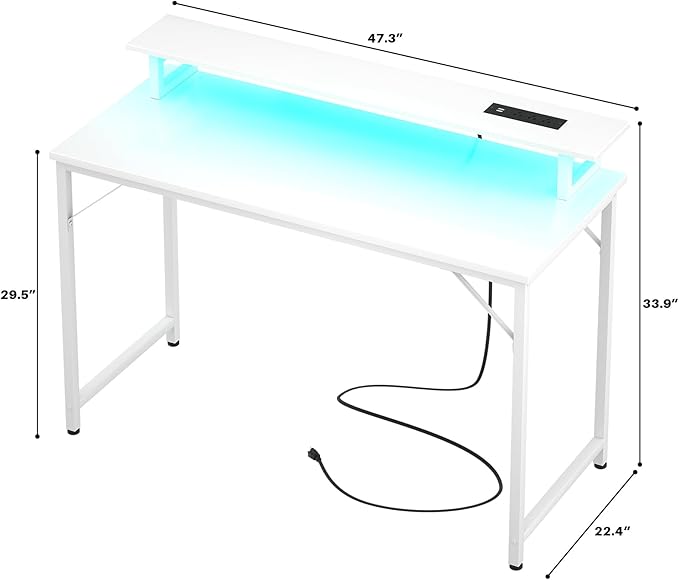 Computer Desk with USB Power Outlets and LED Lights, 47 inch Gaming desk with Monitor Stand for Small Space Home Office, Modern Simple Study Writing Table PC Desks, White - LeafyLoom