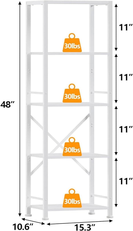 Furologee White Bookshelf 5 Tier Bookcase, Tall Narrow Bookshelves, Modern Freestanding Shelf Units, Metal and Wood Display Storage Corner Shelves Organizer for Bedroom, Living Room, Office, Bathroom - LeafyLoom