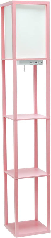 Simple Designs LF1037-LPK Floor Lamp Etagere Organizer Storage Shelf with 2 USB Charging Ports, 1 Charging Outlet and Linen Shade, Light Pink - LeafyLoom
