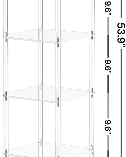 6 Tier Square Acrylic Bookshelf, Small Bookcase with Acrylic Fittings for Fixing to Wall, Corner Display Shelf for Living Room, Bedroom, Bathroom, Small Spaces, Clear, 11.6'' W x 53.9'' H - LeafyLoom